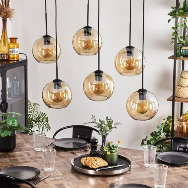 hofstein Suspension - Verre Koyoto Ambre, 6 lumières* Lampes En Verre