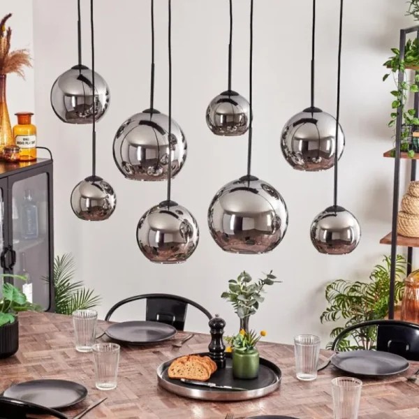 hofstein Suspension - Verre Koyoto Chrome, Fumé, 8 lumières* Lampes Modernes