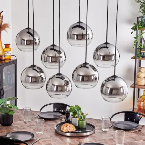 hofstein Suspension - Verre Koyoto Chrome, Clair, Fumé, 8 lumières* Lampes Modernes