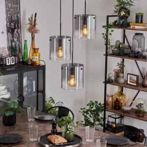 hofstein Suspension - Verre Parane Clair, Fumé, 3 lumières* Lampes Modernes