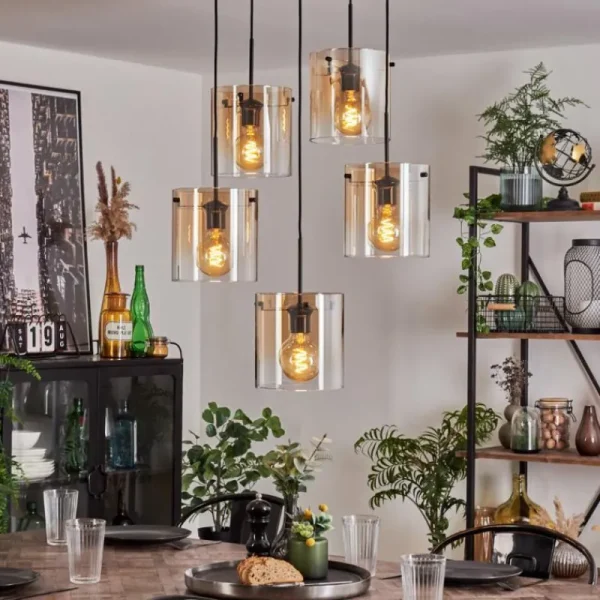 hofstein Suspension - Verre Parane Ambre, Clair, 5 lumières* Lampes En Verre