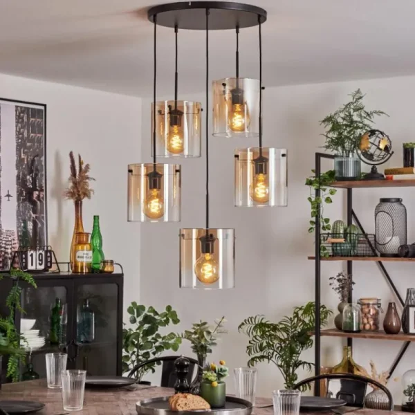 hofstein Suspension - Verre Parane Ambre, Clair, 5 lumières* Lampes En Verre