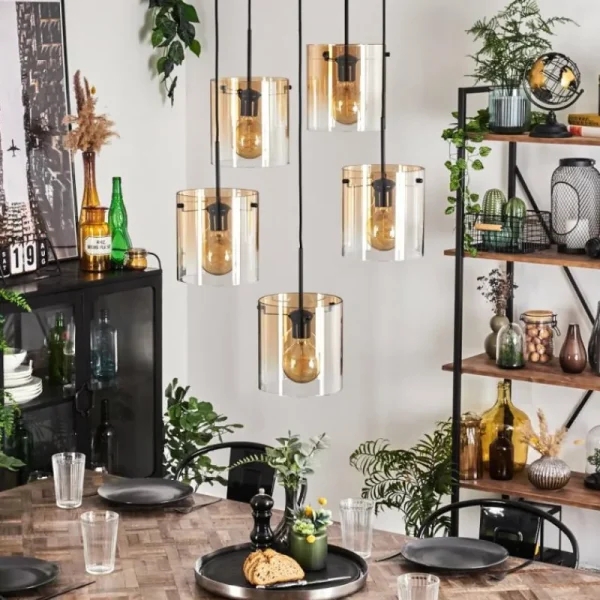 hofstein Suspension - Verre Parane Ambre, Clair, 5 lumières* Lampes En Verre