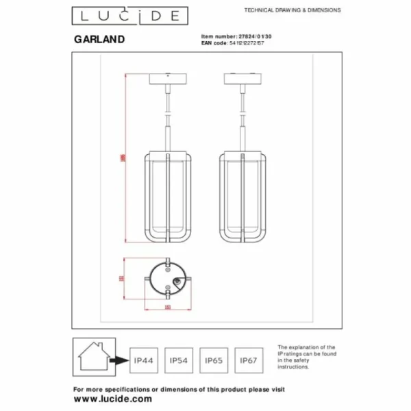 Luminaires Lucide Suspension extérieure Lucide GARLAND Noir, 1 lumière* Lampes En Verre