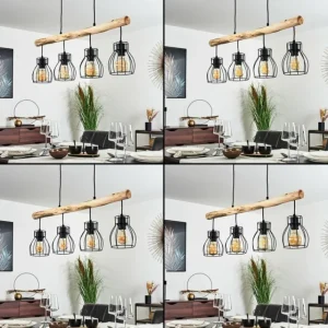 hofstein Suspension Gondo Bois clair, Noir, 4 lumières* Lampes Modernes