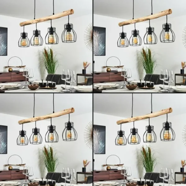 hofstein Suspension Gondo Bois clair, Noir, 4 lumières* Lampes Modernes