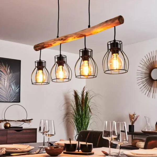 hofstein Suspension Gondo Bois clair, Noir, 4 lumières* Lampes Modernes