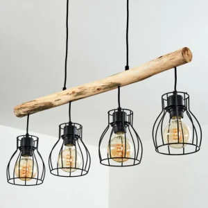 hofstein Suspension Gondo Bois clair, Noir, 4 lumières* Lampes Modernes