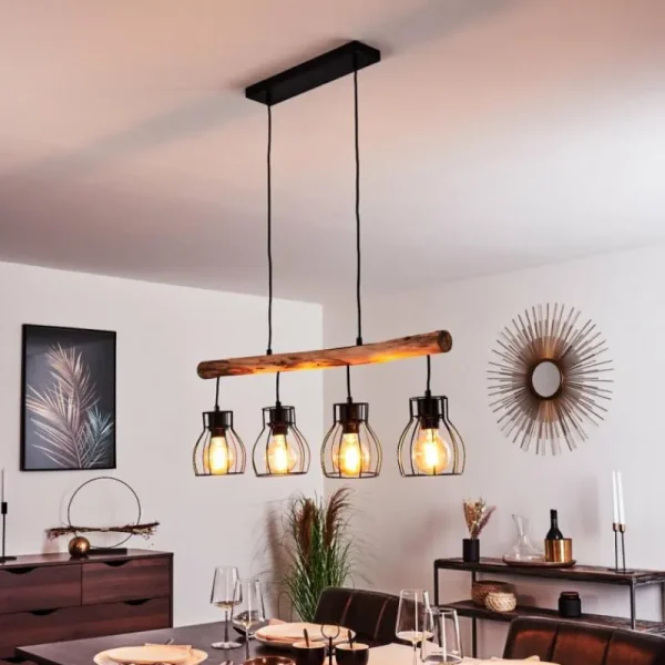 hofstein Suspension Gondo Bois clair, Noir, 4 lumières* Lampes Modernes