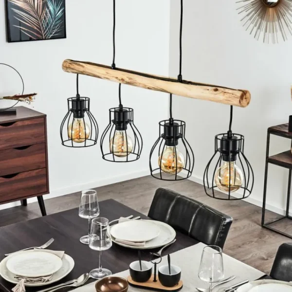 hofstein Suspension Gondo Bois clair, Noir, 4 lumières* Lampes Modernes