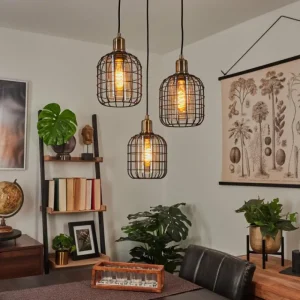 hofstein Suspension Kiubneko Laiton, Noir, 3 lumières* Lampes En Verre