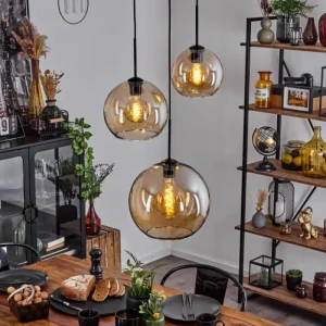 hofstein Suspension Verre 20 cm, 25 cm, 30cm Koyoto Ambre, 3 lumières* Lampes En Verre