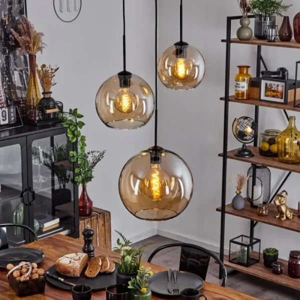 hofstein Suspension Verre 20 cm, 25 cm, 30cm Koyoto Ambre, 3 lumières* Lampes En Verre