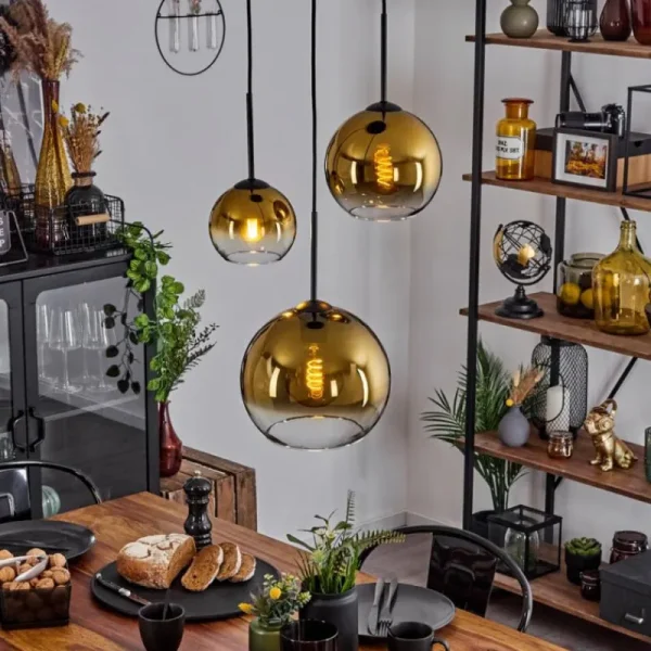 hofstein Suspension Verre 15 cm, 20 cm, 25 cm Koyoto Or, Clair, 3 lumières* Lampes En Verre