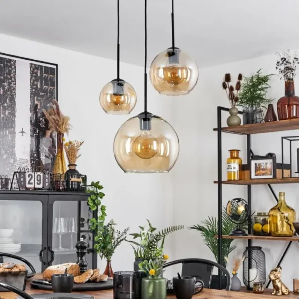 hofstein Suspension Verre 15 cm, 20 cm, 25 cm Koyoto Ambre, 3 lumières* Lampes En Verre