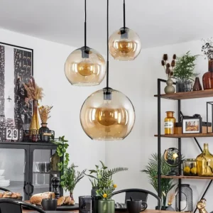 hofstein Suspension Verre 20 cm, 25 cm, 30cm Koyoto Ambre, 3 lumières* Lampes En Verre