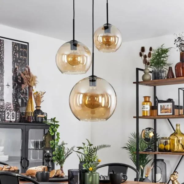 hofstein Suspension Verre 20 cm, 25 cm, 30cm Koyoto Ambre, 3 lumières* Lampes En Verre