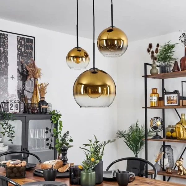 hofstein Suspension Verre 15 cm, 20 cm, 25 cm Koyoto Or, Clair, 3 lumières* Lampes En Verre
