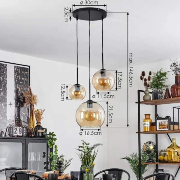 hofstein Suspension Verre 15 cm, 20 cm, 25 cm Koyoto Ambre, 3 lumières* Lampes En Verre