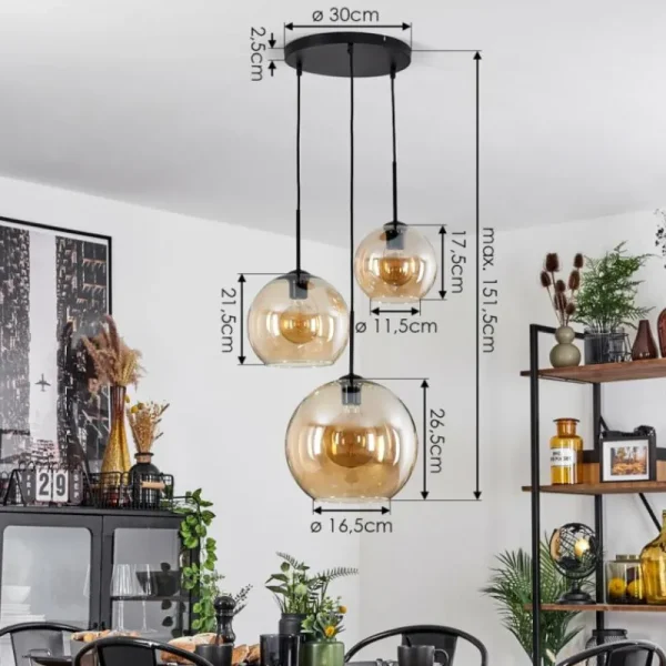 hofstein Suspension Verre 20 cm, 25 cm, 30cm Koyoto Ambre, 3 lumières* Lampes En Verre