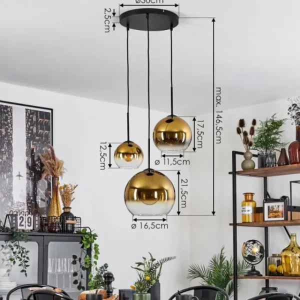 hofstein Suspension Verre 15 cm, 20 cm, 25 cm Koyoto Or, Clair, 3 lumières* Lampes En Verre