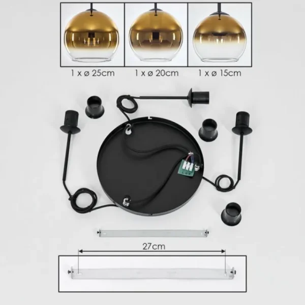 hofstein Suspension Verre 15 cm, 20 cm, 25 cm Koyoto Or, Clair, 3 lumières* Lampes En Verre