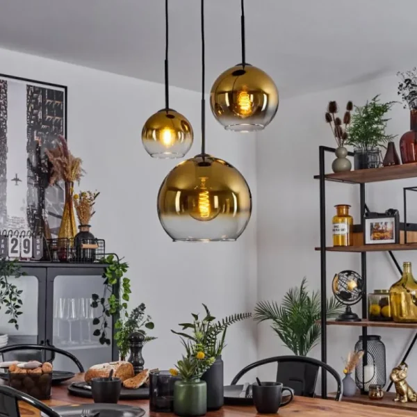 hofstein Suspension Verre 15 cm, 20 cm, 25 cm Koyoto Or, Clair, 3 lumières* Lampes En Verre