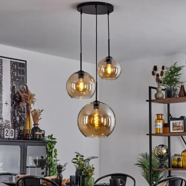 hofstein Suspension Verre 20 cm, 25 cm, 30cm Koyoto Ambre, 3 lumières* Lampes En Verre