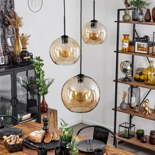 hofstein Suspension Verre 20 cm, 25 cm, 30cm Koyoto Ambre, 3 lumières* Lampes En Verre