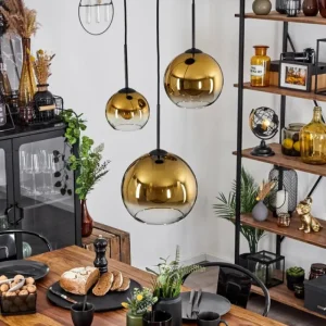 hofstein Suspension Verre 15 cm, 20 cm, 25 cm Koyoto Or, Clair, 3 lumières* Lampes En Verre