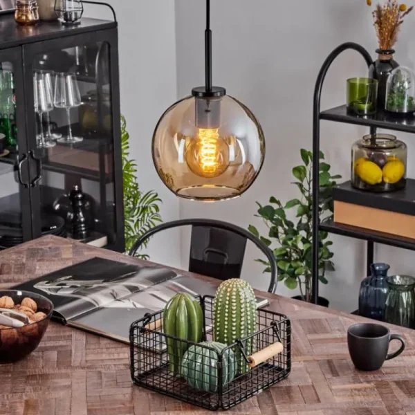 hofstein Suspension Verre 20 cm Koyoto Acier inoxydable, Noir, 1 lumière* Lampes En Verre