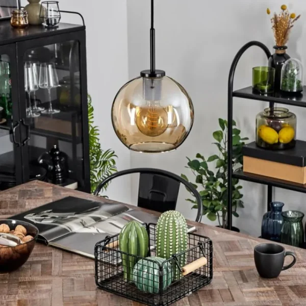 hofstein Suspension Verre 20 cm Koyoto Acier inoxydable, Noir, 1 lumière* Lampes En Verre