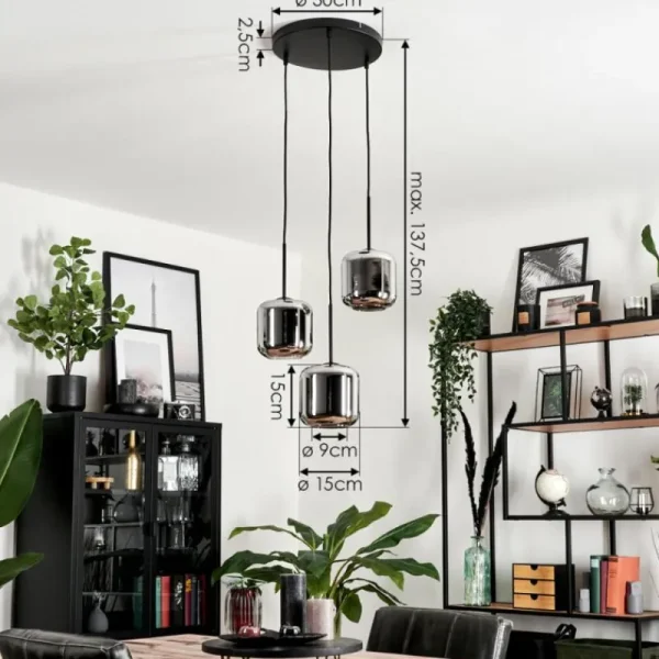 hofstein Suspension Verre 15 cm Lauden Chrome, Fumé, 3 lumières* Lampes Modernes