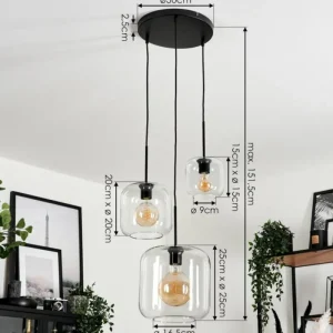 hofstein Suspension Verre 25cm, 20cm, 15cm Lauden Clair, 3 lumières* Lampes En Verre
