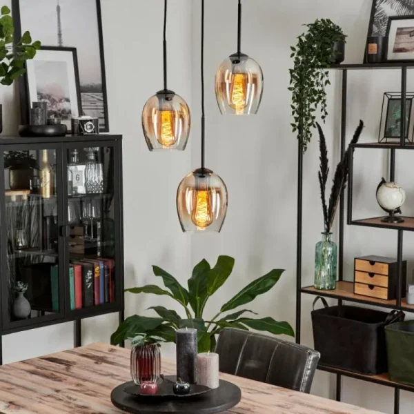 hofstein Suspension Verre 15cm Vevino Ambre, Clair, 3 lumières* Lampes En Verre