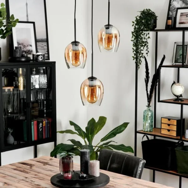 hofstein Suspension Verre 15cm Vevino Ambre, Clair, 3 lumières* Lampes En Verre