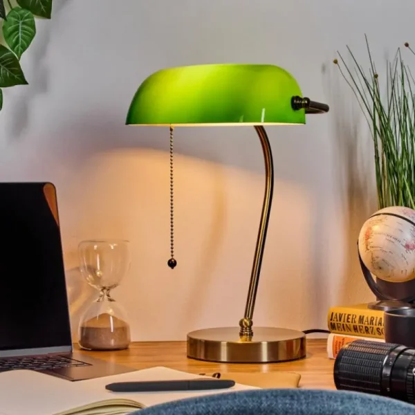 hofstein Tremoceira Lampe de banquier, Lampe de bureau, Lampe à poser Vieux laiton, 1 lumière* Lampes En Verre